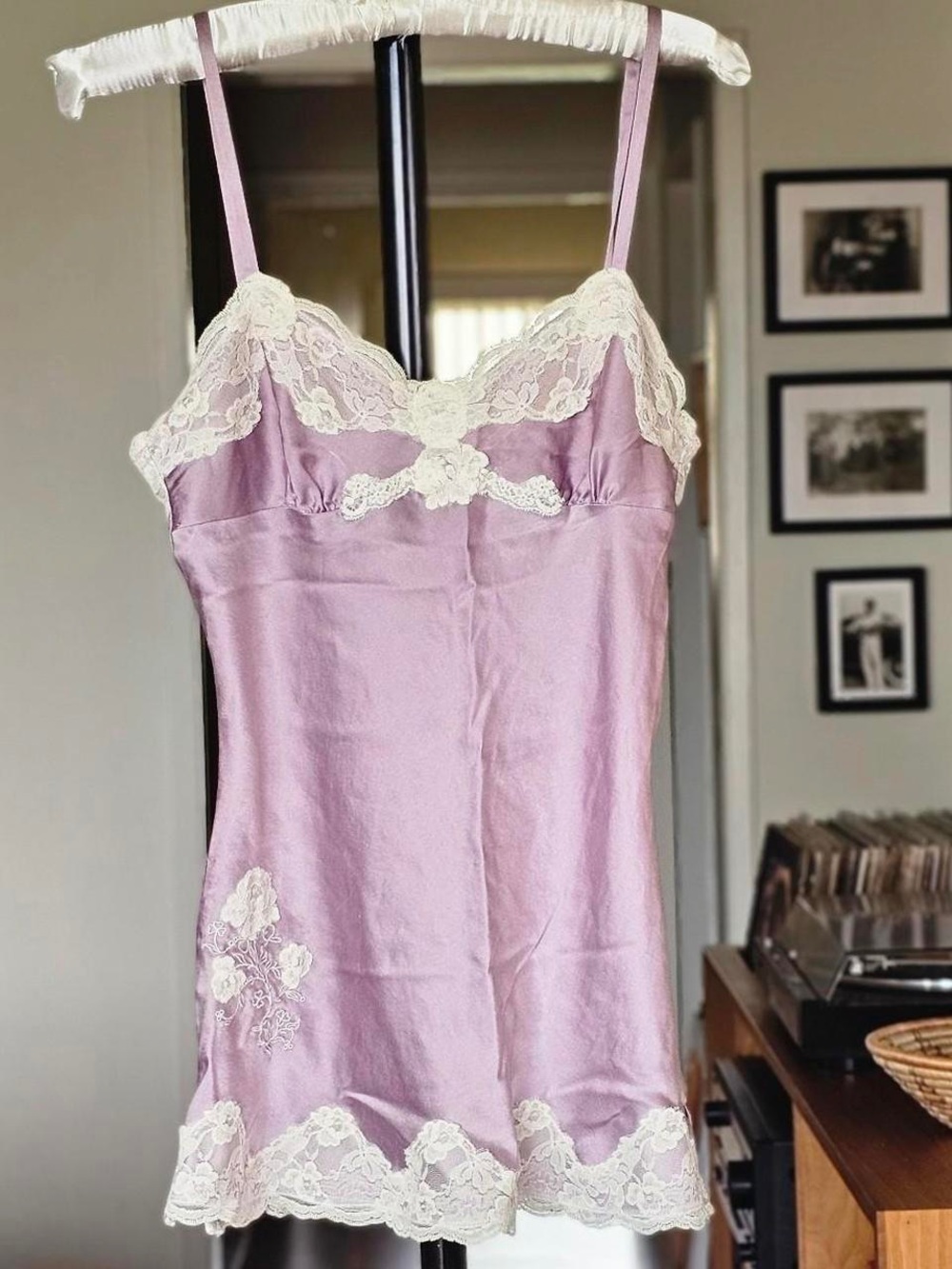 Express Lavender Satin Chemise with Ivory Lace Trim